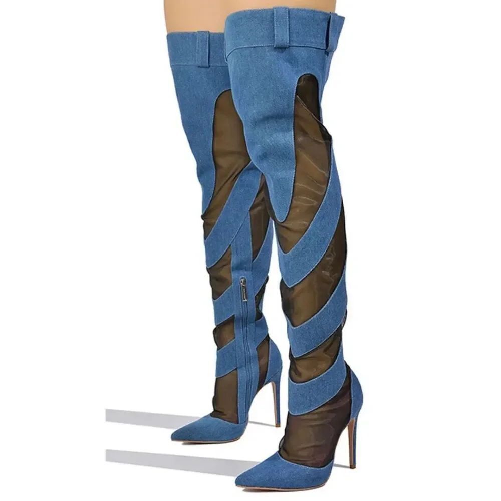Cape Robbin Blue Denim & Mesh Patchwork Pointed Toe Stilettos Thigh High Boots